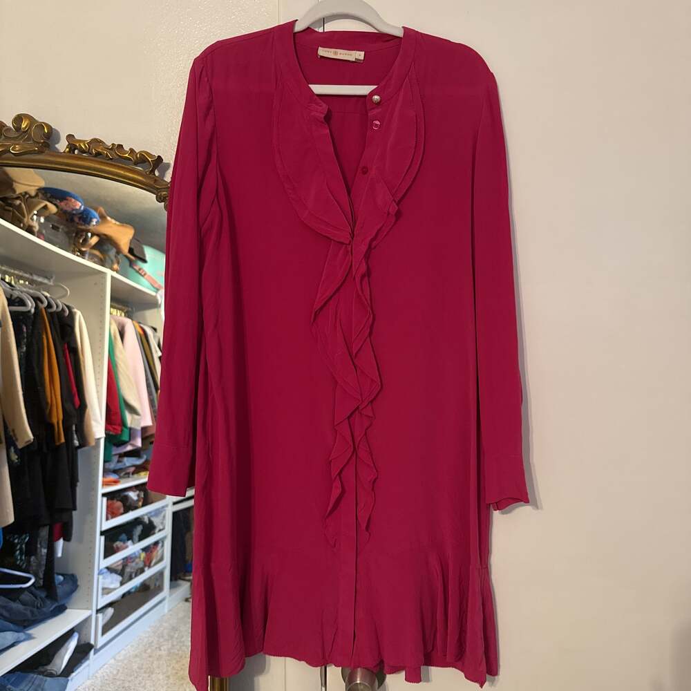 Tory Burch Hibiscus Flower Jane Ruffle Silk Dress Pink